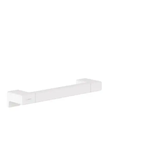 Hansgrohe Haltestange in mattem Weiß mit rechteckiger Form und abgerundeten Ecken, montiert an einer Wand in einem hellen Raum.